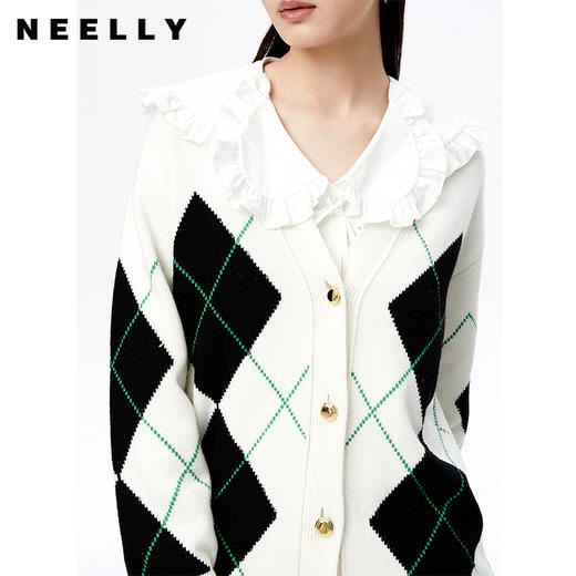NEELLY纳俪商场同款撞色气质菱格毛衣开衫女单排扣秋季宽松毛衣N22091A01121 商品图3