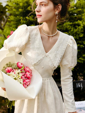 欧芮儿2020春新款女装刺绣连衣裙女韩版洋气立领百褶过膝长款裙