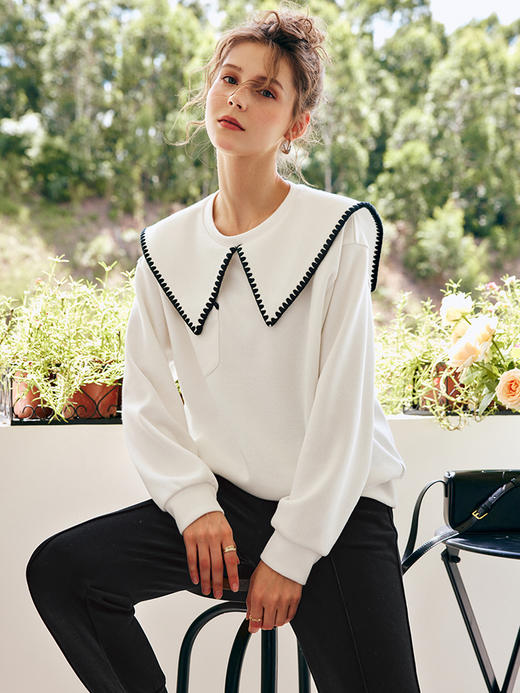 OLrain欧芮儿法式白色卫衣女早秋2022新款通勤宽松撞色海军领上衣 商品图3