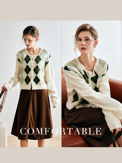 OLrain欧芮儿法式菱格针织开衫毛衣女早秋2022年新款复古撞色上衣 商品图1