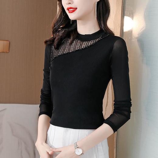 KQL 710N8171百搭爆款亮丝拼接洋气内搭长袖网纱上衣 商品图1