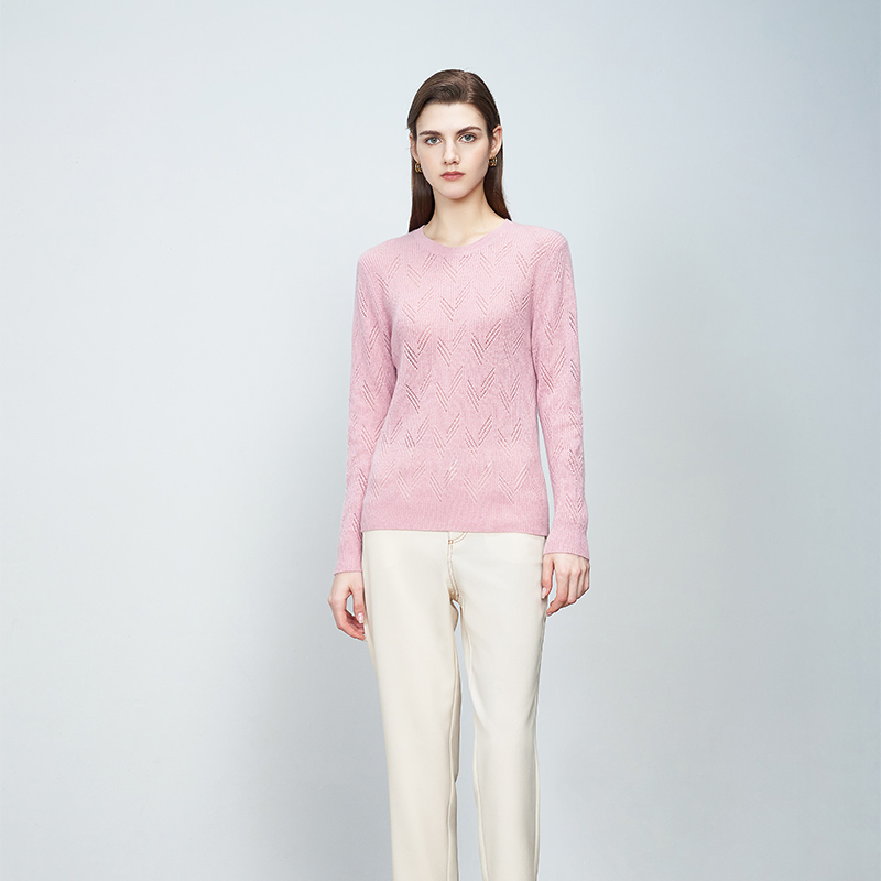 【圆领镂空羊绒衫】羊绒世家22年秋冬新品女士100%山羊绒衫圆领套头内搭针织保暖毛衣