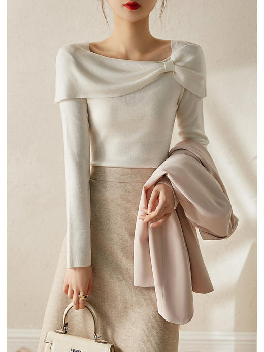 蝴蝶结针织衫2022秋设计感小众法式别致高级感修身毛衣一字领上衣MZ9371 商品图0