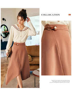 OLrain欧芮儿法式咖色半身裙女早秋2022年新款设计感不规则A字裙