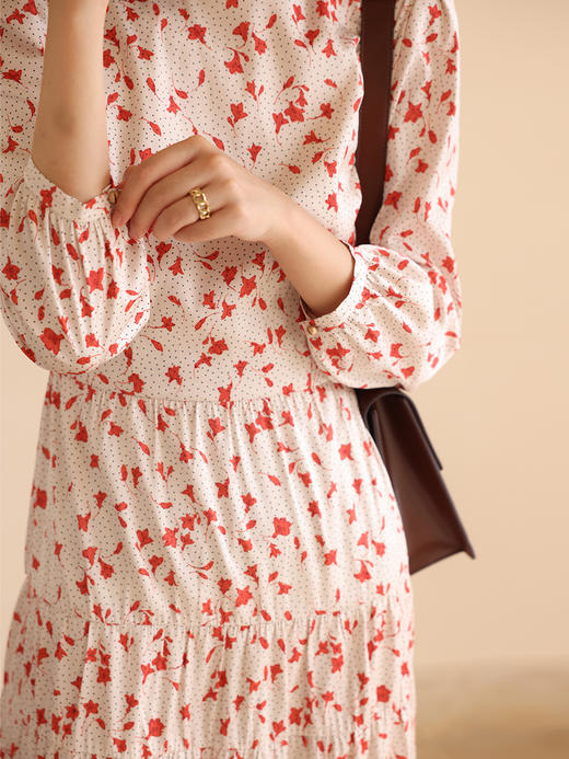 HeyDress法式缎面碎花连衣裙女秋季枫叶印花高腰显瘦气质长袖裙子 商品图1
