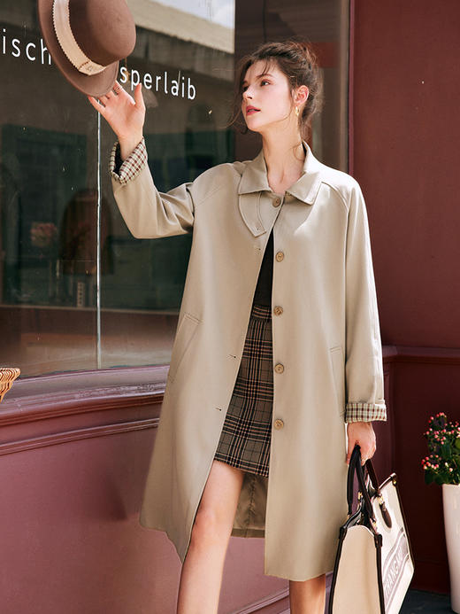 OLrain欧芮儿法式卡其色风衣女早秋2022新款宽松直筒拼接翻领外套 商品图1