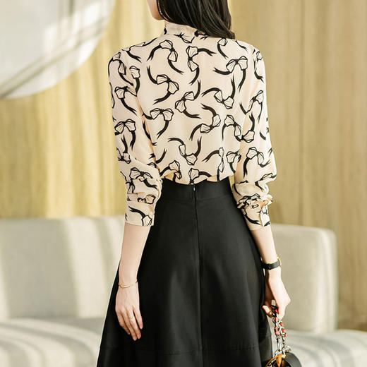 港风秋装新款雪纺衫长袖印花女士衬衣系带  DB-2121 商品图1