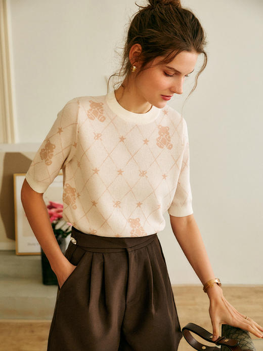 OLrain法式高级穿搭短袖针织衫女2022年夏季新款圆领菱格提花毛衣 商品图3