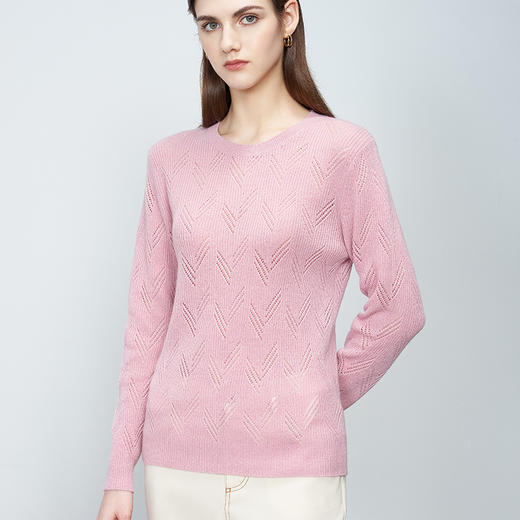 【圆领镂空羊绒衫】羊绒世家22年秋冬新品女士100%山羊绒衫圆领套头内搭针织保暖毛衣 商品图2