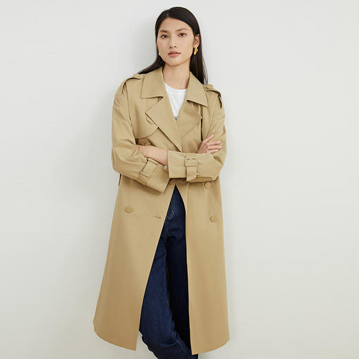 EITIE爱特爱秋新款经典双排扣纯色显瘦百搭纯棉长款风衣外套C2204008 商品图3