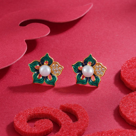 【含羞带露】子佩集S925银镀金珐琅彩天然珍珠花朵耳饰【ZCW-009】2208 商品图2