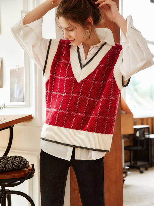 OLrain法式格子马甲背心女早秋2022新款宽松V领外搭复古针织上衣 商品图1