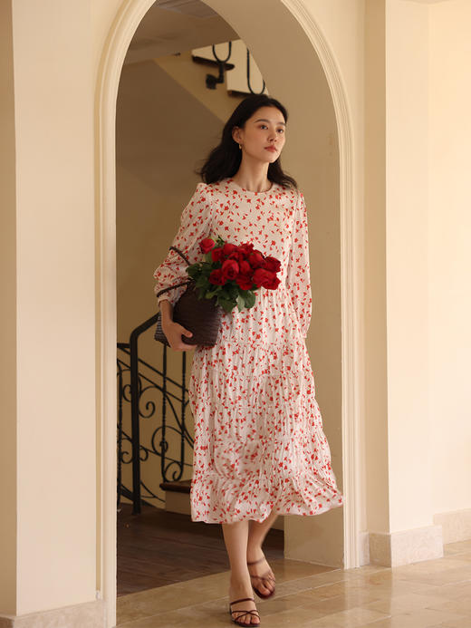 HeyDress法式缎面碎花连衣裙女秋季枫叶印花高腰显瘦气质长袖裙子 商品图3