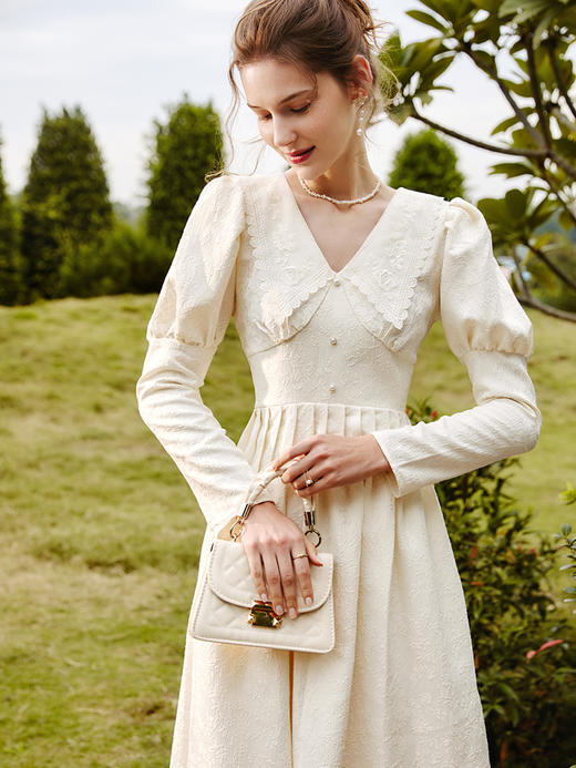 欧芮儿2020春新款女装刺绣连衣裙女韩版洋气立领百褶过膝长款裙 商品图1