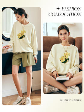 OLrain欧芮儿法式黄色奶系卫衣女秋季2022年新款减龄圆领印花上衣