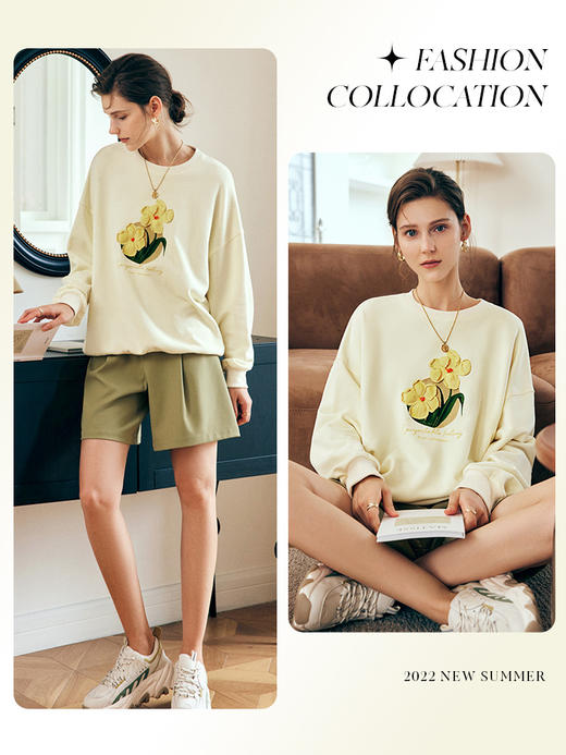 OLrain欧芮儿法式黄色奶系卫衣女秋季2022年新款减龄圆领印花上衣 商品图0