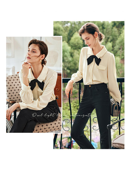 OLrain欧芮儿法式杏色衬衫女早秋2022新款设计感蝴蝶结双层领小衫 商品图0