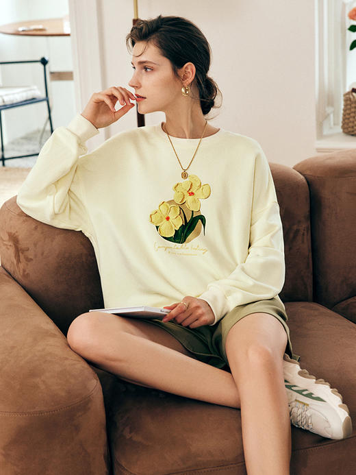 OLrain欧芮儿法式黄色奶系卫衣女秋季2022年新款减龄圆领印花上衣 商品图1