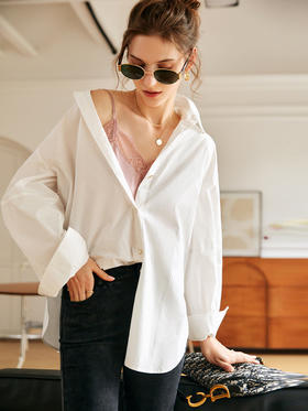 欧芮儿白色纯棉衬衫女夏季2022新款宽松显瘦时尚法式小众休闲衬衣