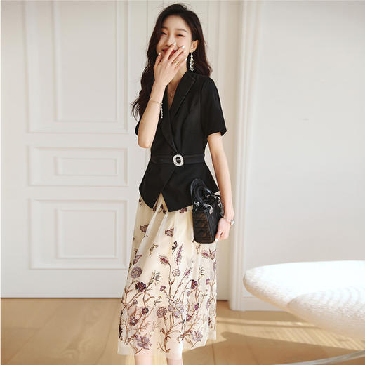 2022夏季新款职场气质轻奢高级感假两件轻薄纱刺绣连衣裙 HR-QSLG0211-3 商品图1