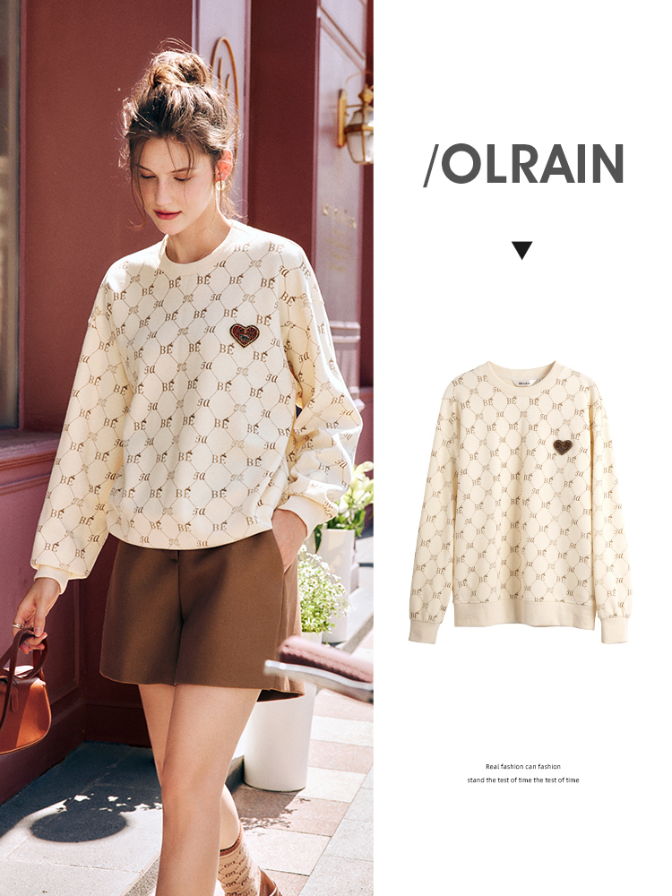 OLrain欧芮儿法式杏色卫衣女秋季2022年新款宽松珠地印花圆领上衣