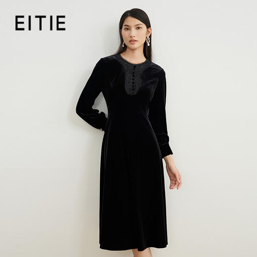 EITIE爱特爱冬季新款显瘦优雅圆领拼接蕾丝纯色高腰显瘦连衣裙女6707431 商品图0