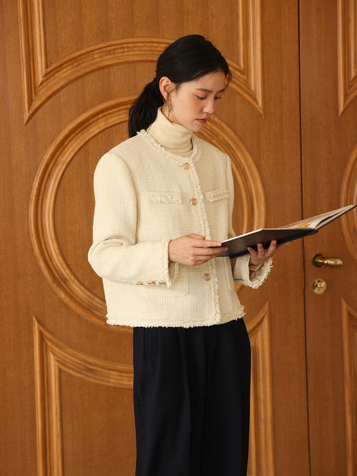 HeyDress法式短袖外套女早秋圆领流苏设计气质通勤小香风上衣 商品图0