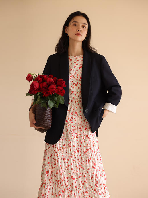 HeyDress法式缎面碎花连衣裙女秋季枫叶印花高腰显瘦气质长袖裙子 商品图2