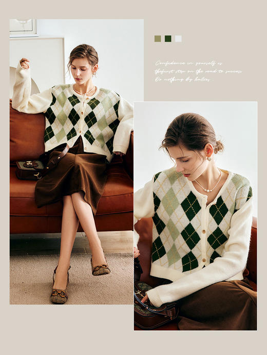 OLrain欧芮儿法式菱格针织开衫毛衣女早秋2022年新款复古撞色上衣 商品图3