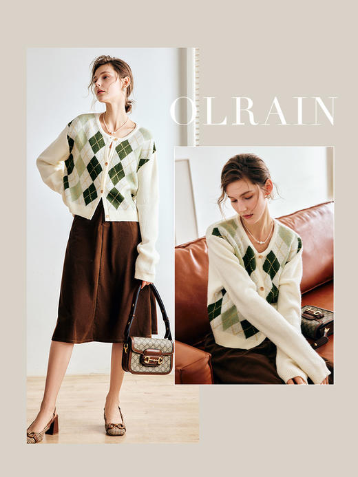 OLrain欧芮儿法式菱格针织开衫毛衣女早秋2022年新款复古撞色上衣 商品图0