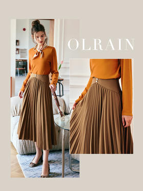 OLrain欧芮儿法式卡其色半身裙女早秋2022年新款高腰垂感百褶伞裙