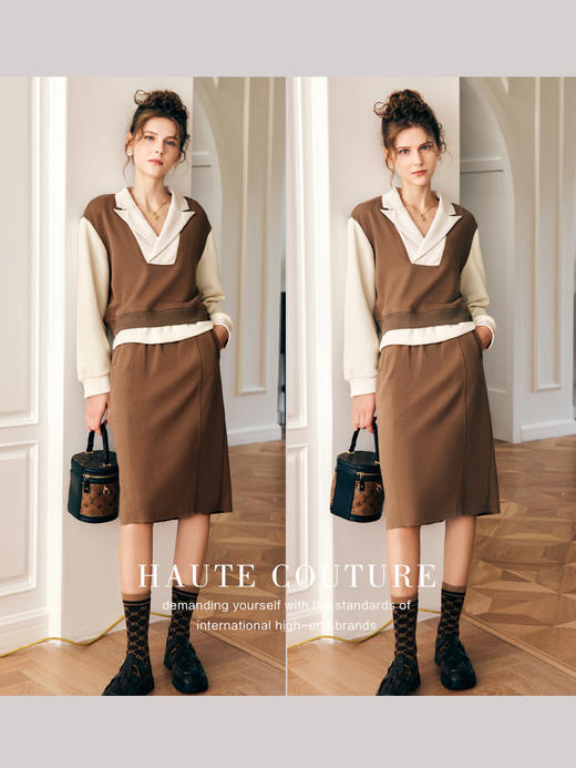 OLrain欧芮儿法式咖色时尚套装女早秋2022新款撞色裙子休闲两件套 商品图3