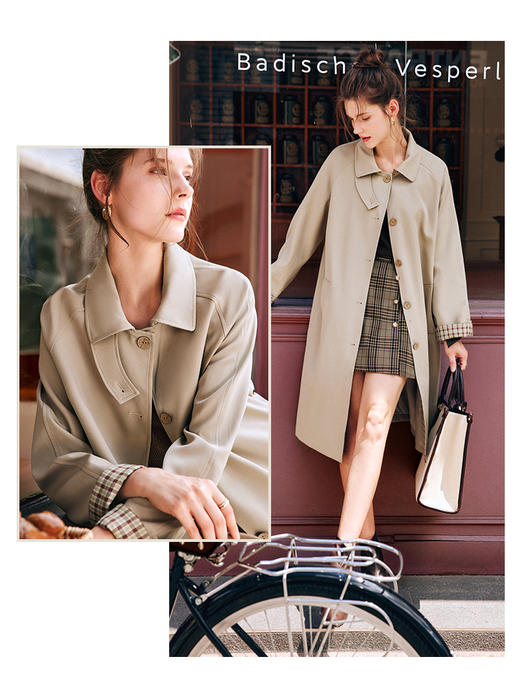 OLrain欧芮儿法式卡其色风衣女早秋2022新款宽松直筒拼接翻领外套 商品图0