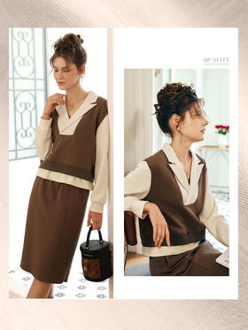 OLrain欧芮儿法式咖色时尚套装女早秋2022新款撞色裙子休闲两件套