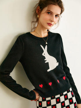 欧芮儿黑色针织衫女秋季2022年新款修身显瘦气质兔子提花套头毛衣