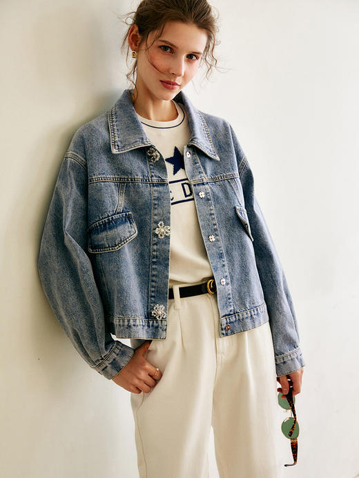 欧芮儿牛仔外套女2022秋季新款小个子短款翻领法式时尚休闲上衣 商品图0