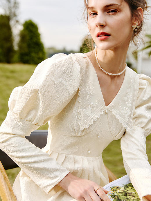 欧芮儿2020春新款女装刺绣连衣裙女韩版洋气立领百褶过膝长款裙 商品图3