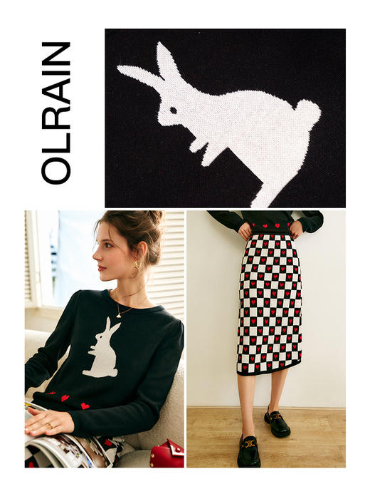 欧芮儿黑色针织衫女秋季2022年新款修身显瘦气质兔子提花套头毛衣 商品图2