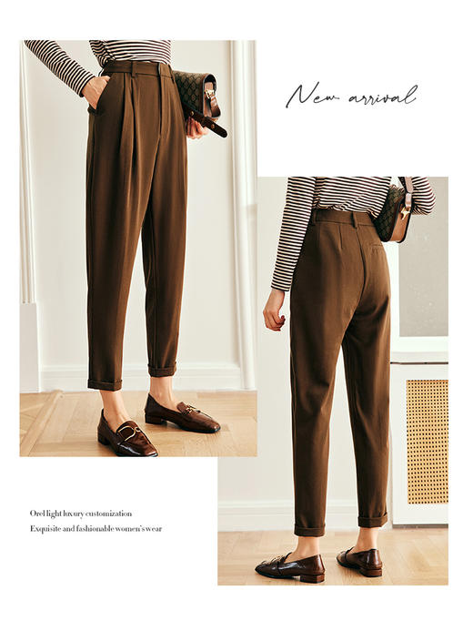 OLrain欧芮儿法式咖色休闲裤女早秋2022年新款直筒阔腿九分西装裤 商品图3