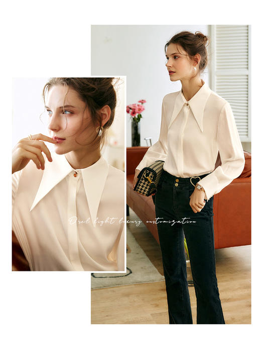欧芮儿杏色衬衫女2022秋季新款修身法式别致洋气设计感小众上衣 商品图2