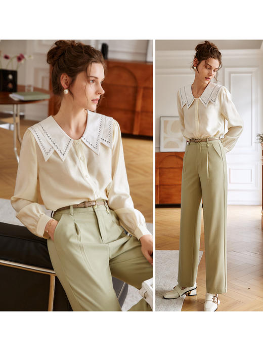 欧芮儿娃娃领衬衫女夏季2022年新款宽松洋气复古翻领薄款长袖上衣 商品图1