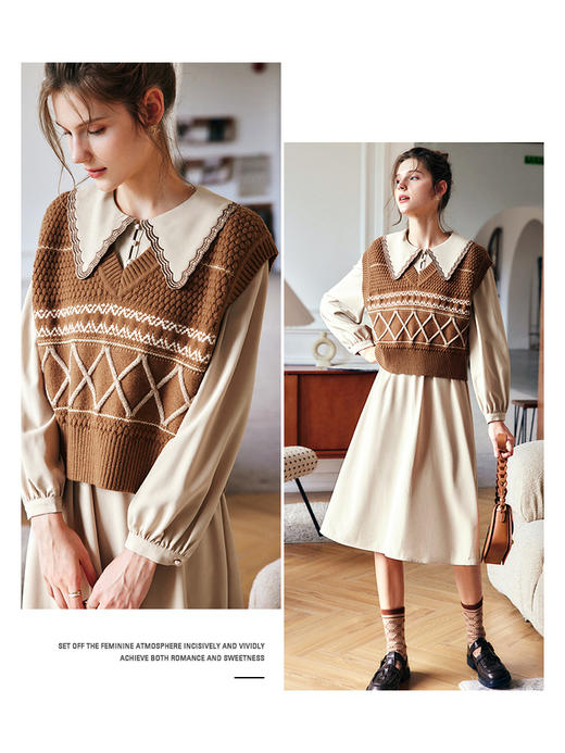 OLrain欧芮儿法式咖色背心马甲女早秋2022新款宽松学院风条纹上衣 商品图1