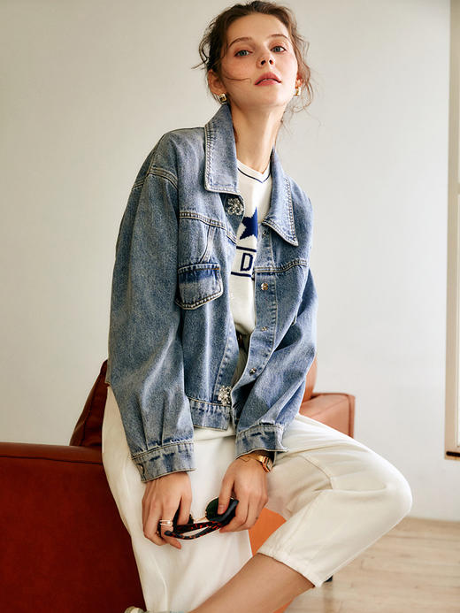 欧芮儿牛仔外套女2022秋季新款小个子短款翻领法式时尚休闲上衣 商品图3