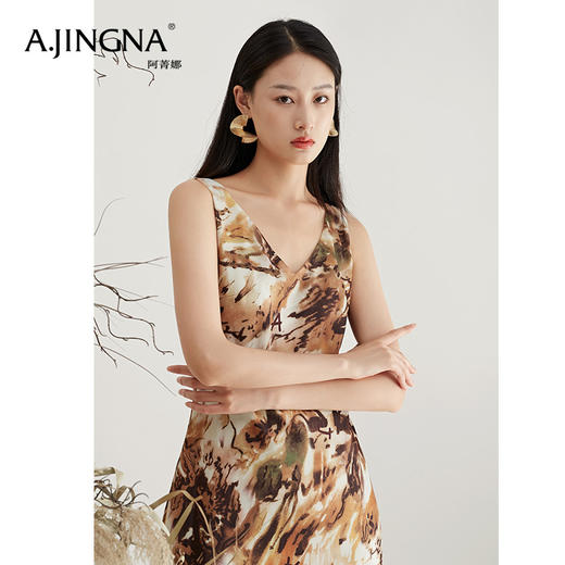 【特价不退换】阿菁娜优雅高级感印花吊带裙抽象水墨画V领连衣裙A27Q112060 商品图4