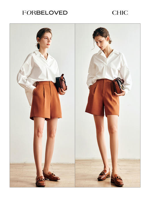 OLrain欧芮儿法式南瓜色休闲裤女春秋2022新款阔腿裤高腰直筒短裤 商品图2