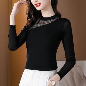 KQL 710N8171百搭爆款亮丝拼接洋气内搭长袖网纱上衣