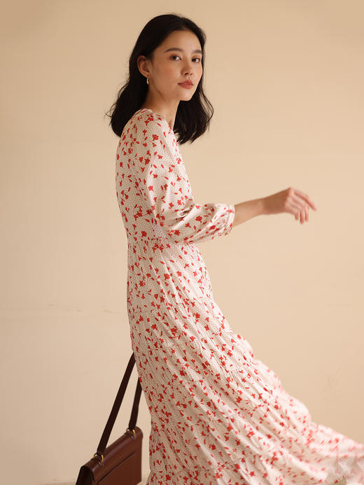 HeyDress法式缎面碎花连衣裙女秋季枫叶印花高腰显瘦气质长袖裙子 商品图4