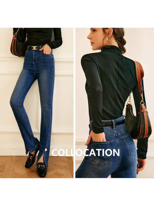 欧芮儿蓝色牛仔裤女夏季2022年新款高腰显瘦直筒开叉阔腿微喇长裤 商品图2