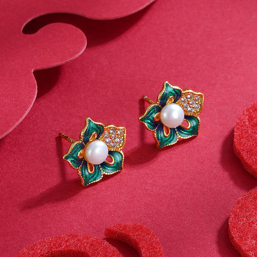 【含羞带露】子佩集S925银镀金珐琅彩天然珍珠花朵耳饰【ZCW-009】2208 商品图3