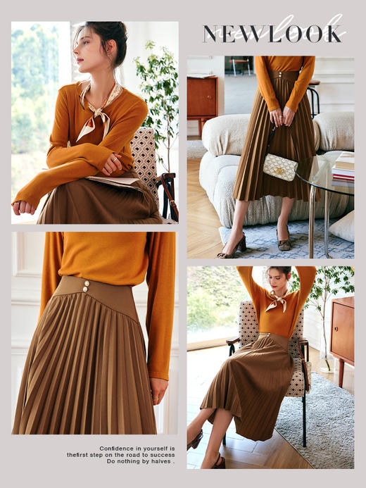 OLrain欧芮儿法式卡其色半身裙女早秋2022年新款高腰垂感百褶伞裙 商品图1